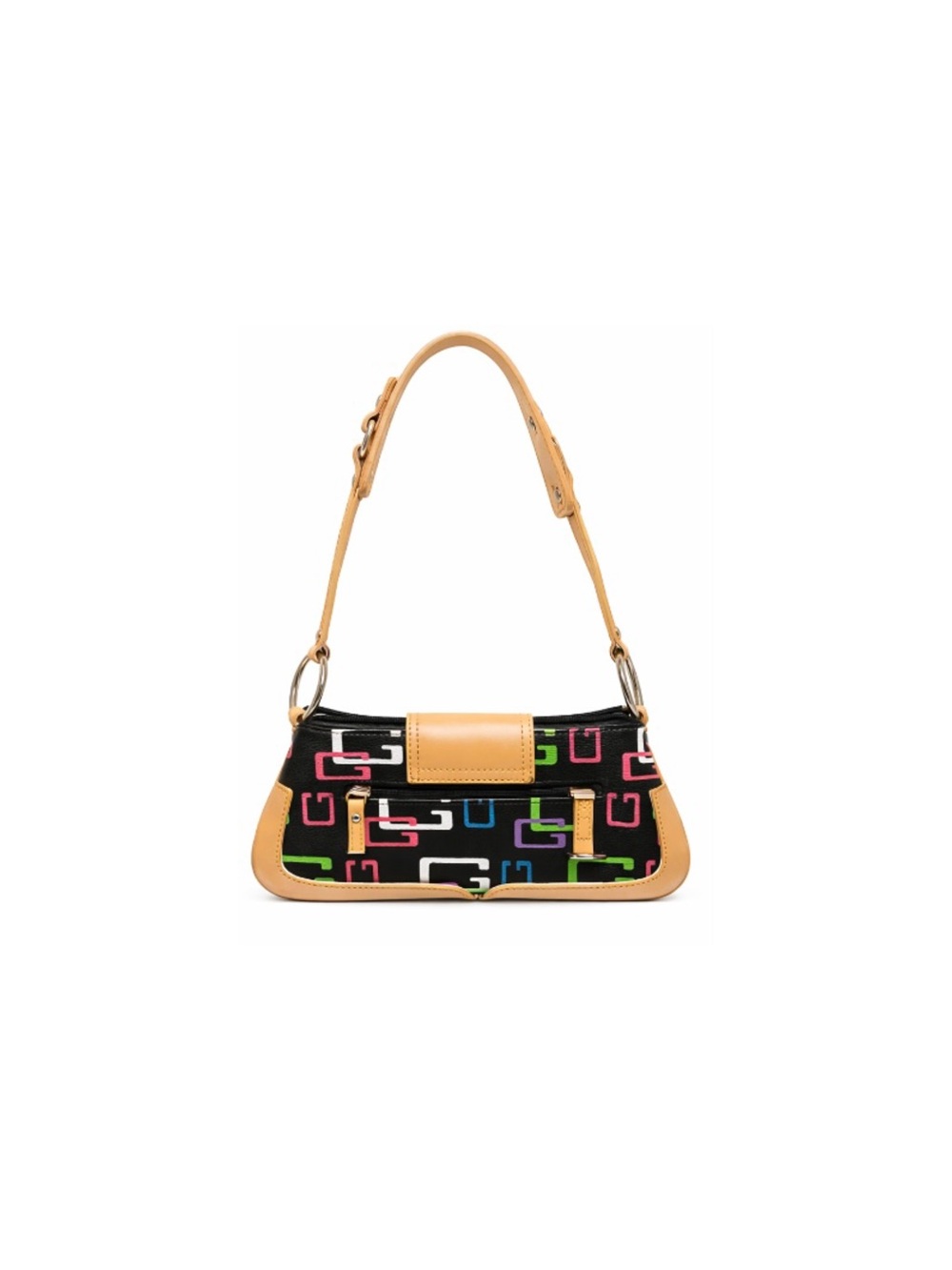 Guess Black Multicolor Logo Shoulder Bag with Tan Trim - Picture 2 of 2